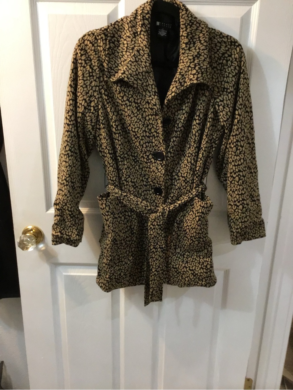 Carole Little Black & Tan Leopard Print Belted Trench Coat